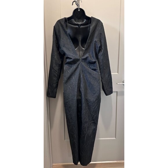 ZARA Black Round Neck Long Sleeves Wrinkled Fabric Open Back Midi Dress SzXL New - Picture 11 of 14